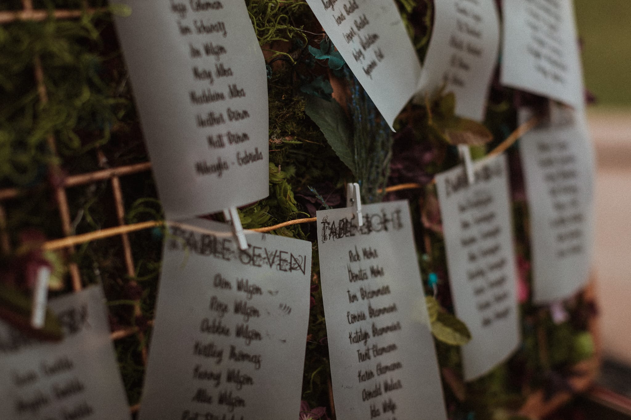 Close up image of hand written seating assignments in suitcase for intimate garden wedding