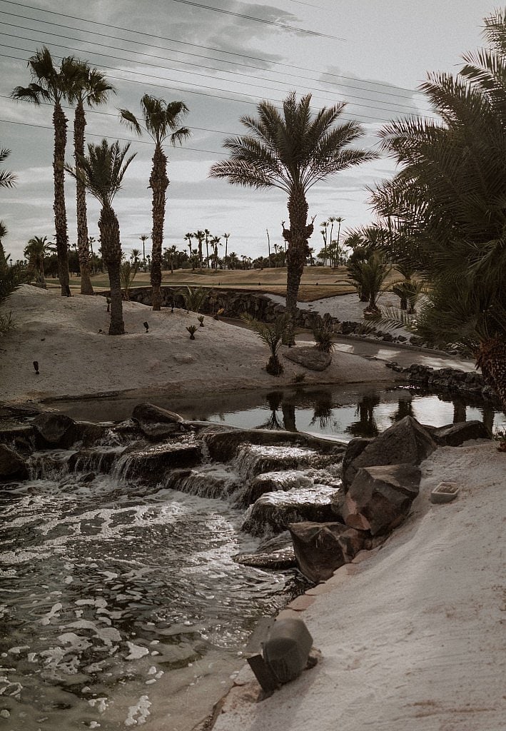 Beach sunset at Bali Hai resort in Las Vegas with palm trees