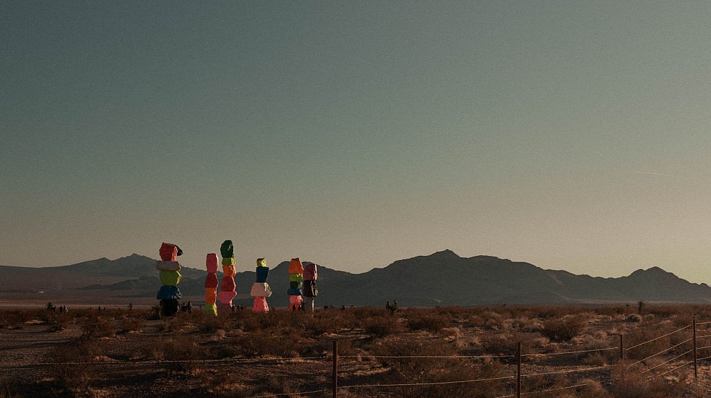 Seven magic mountains art installation in Las Vegas at sunset