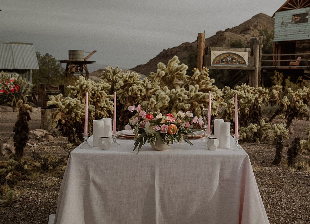 Pastel table set up for an elopement at El Dorado Ghost Town