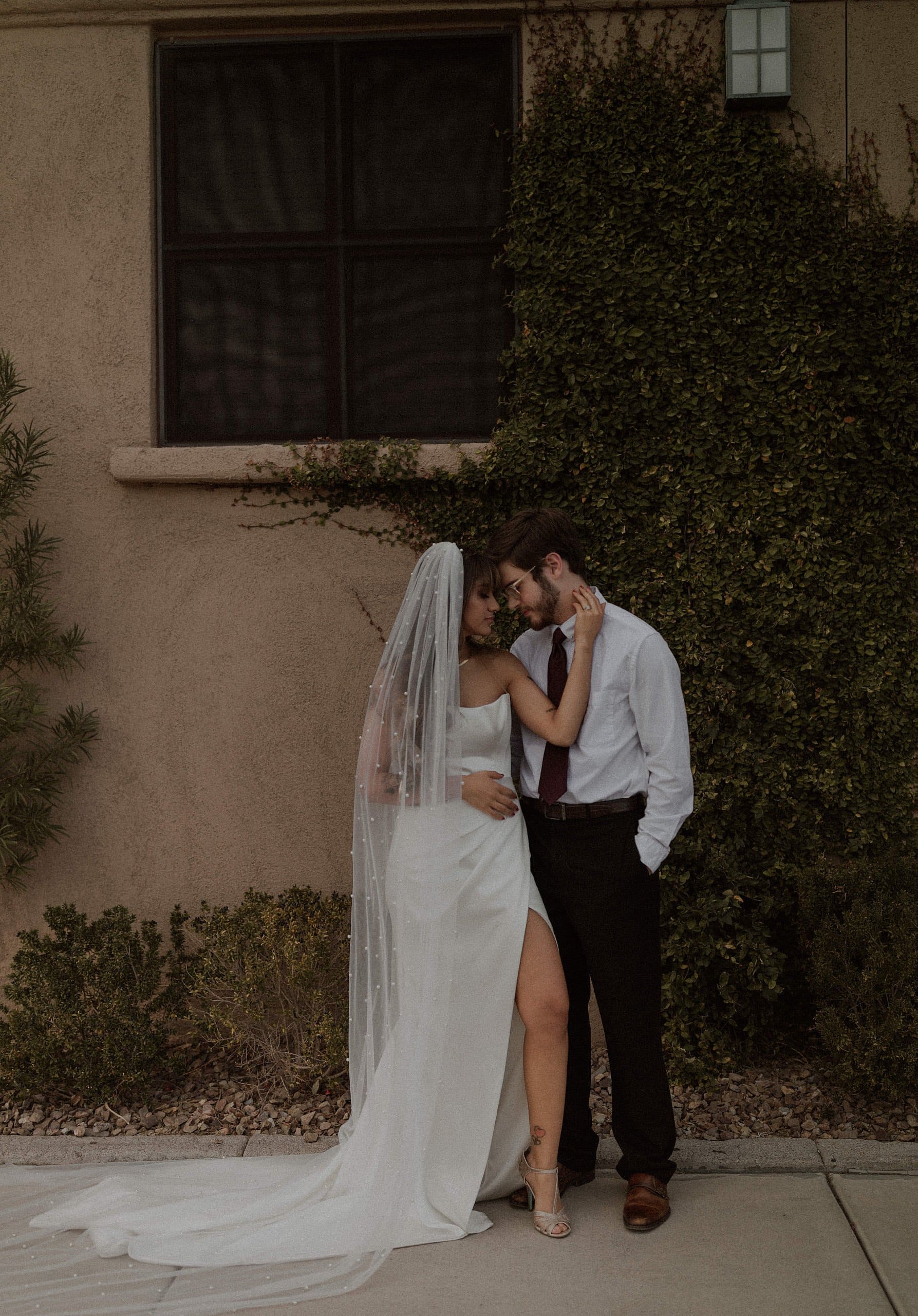 Bridal portraits for downtown Las Vegas elopement with cathedral veil
