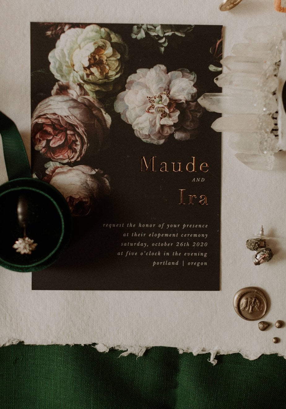 Moody floral wedding invitation for an eloping couple in Oregon. Velvet green ring box holds the wedding rings and the brides quartz hairpiece was handmade by bride for her adventure elopement