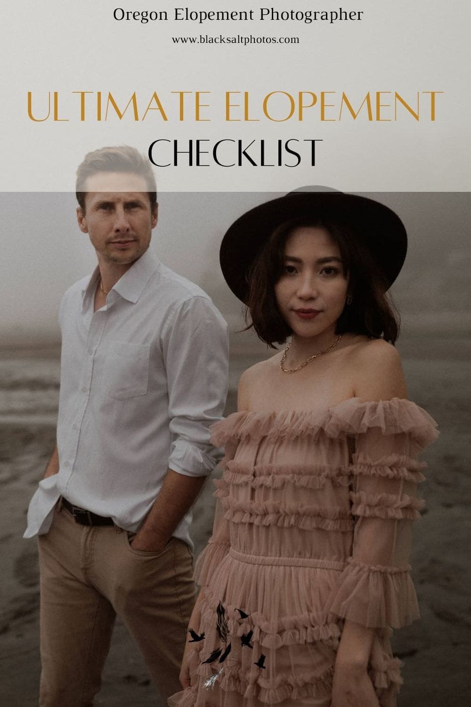 Ultimate elopement checklist planning guide for easy sharing to pinterest. Edgy elopement couple walk across the moody Oregon coast beach at Neskowin. Bride wears a taupe ruffled wedding dress and the groom is very casual