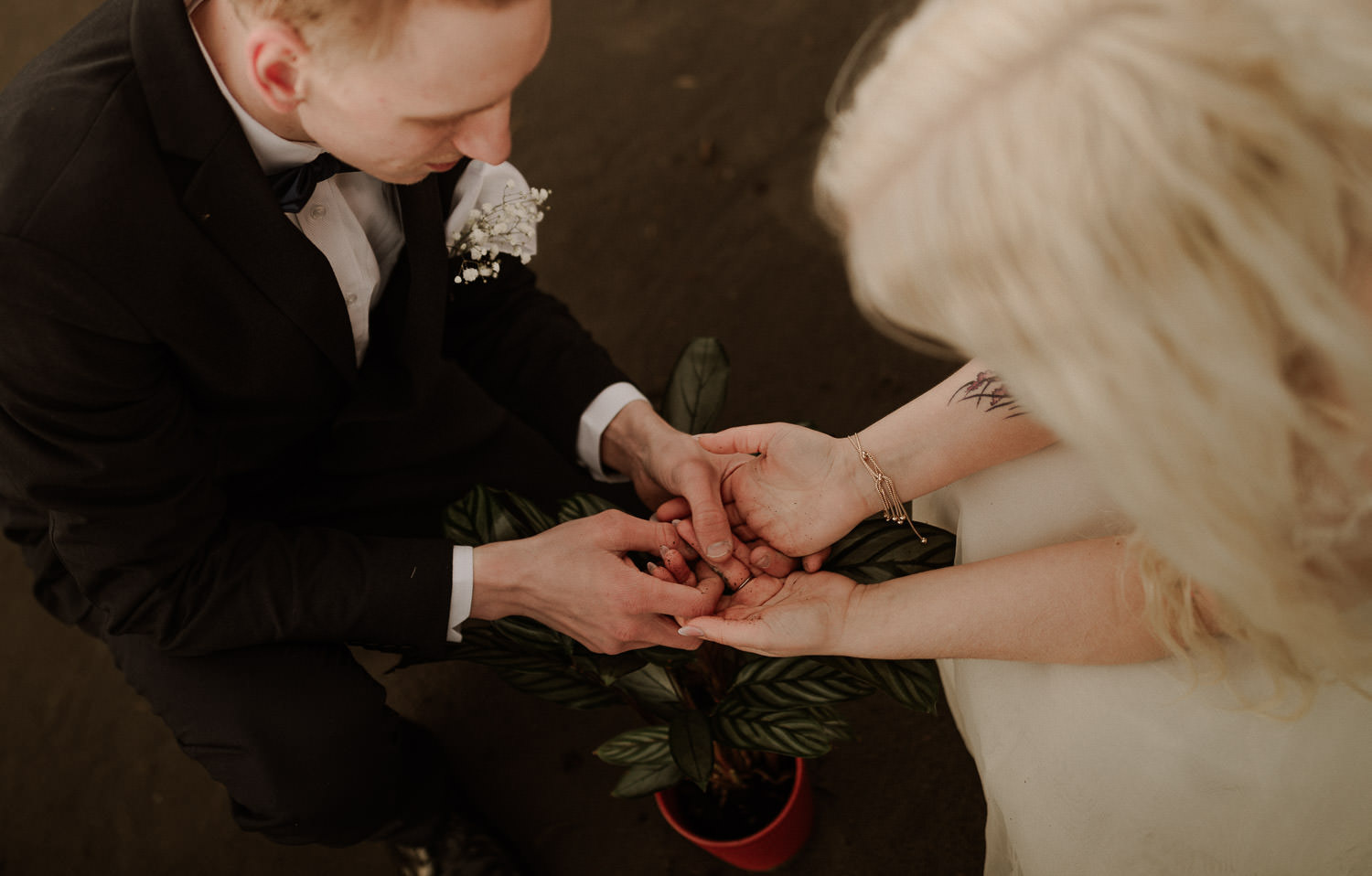 Eloping couple hold hands covering in dirt after potting a new plant together for their unity ceremony in their elopement