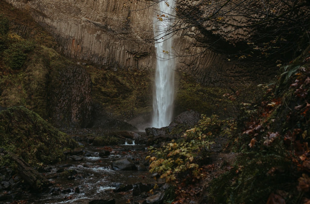 Wide shot of Latourell Falls in the Spring