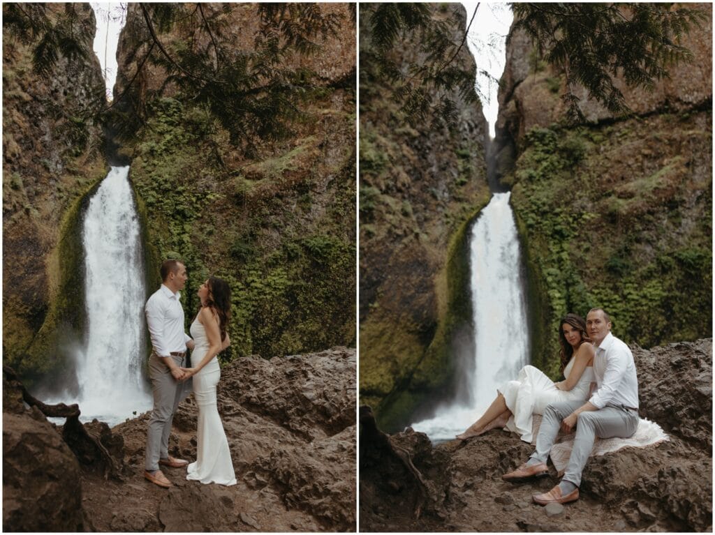Wedding couple pose for photos next to Wahclella falls