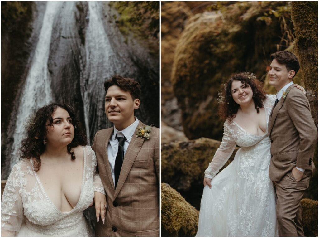 Wedding couple laughs in the forest