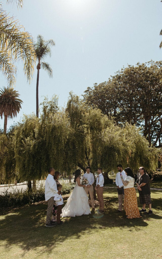 A small group of family and friends joined bride and groom for a shady ceremony on the lawn