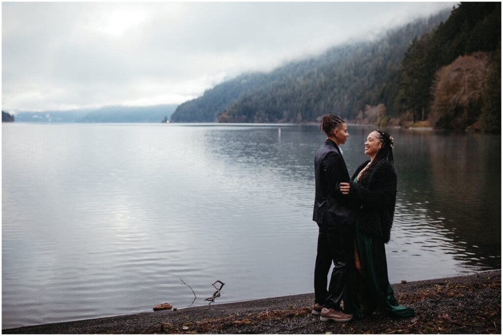 candid elopement photos at Crescent lake at sunrise