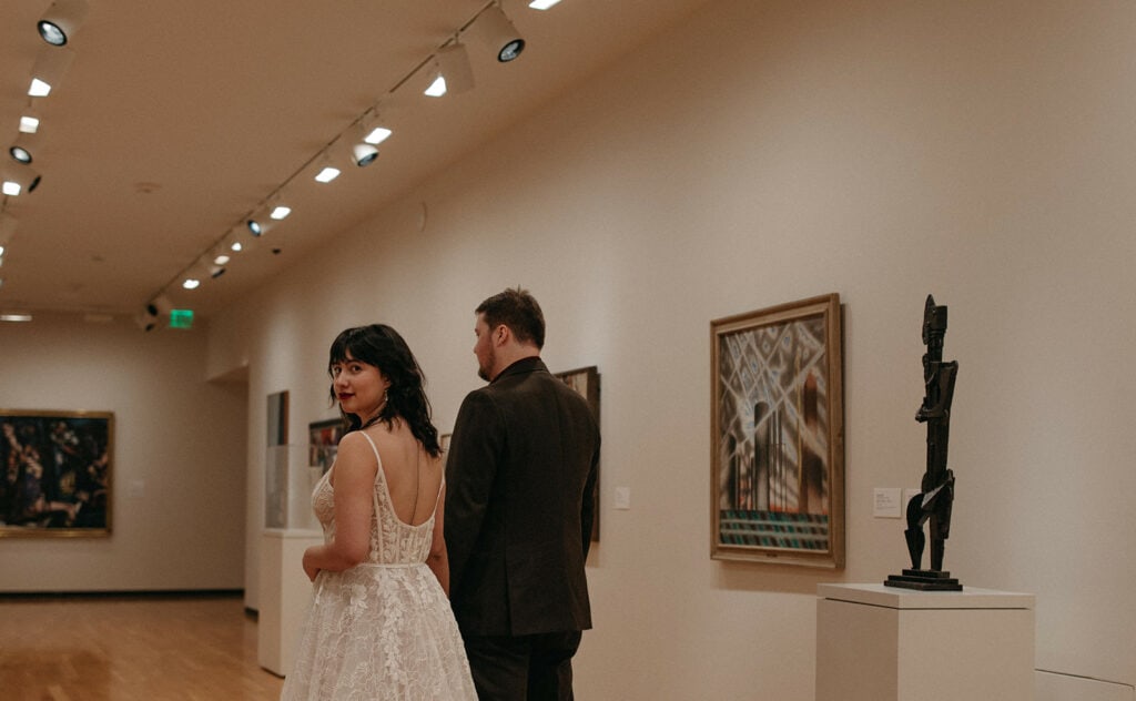 bride and groom photos in a museum