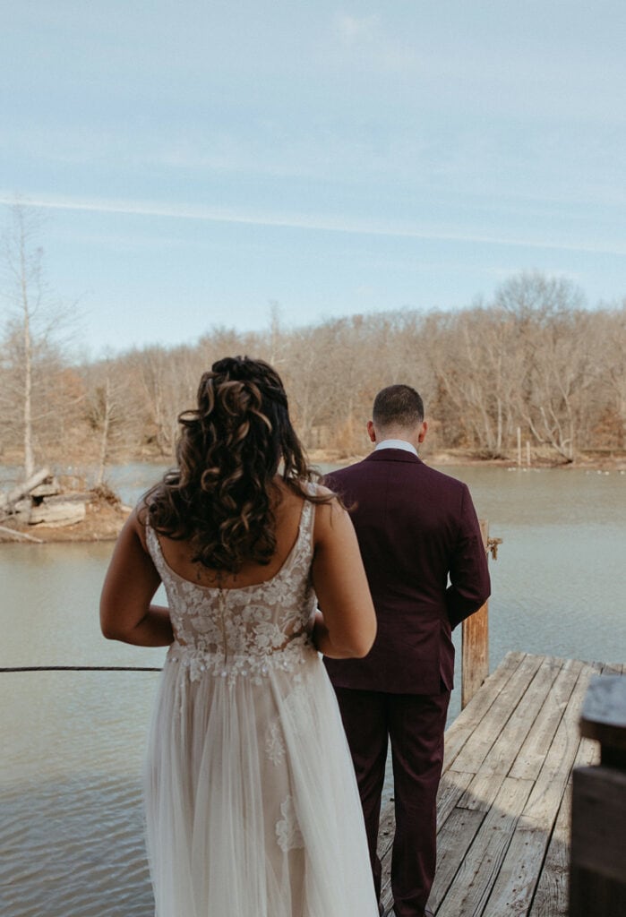 Jessi and Nate's first look on the dock by the pond