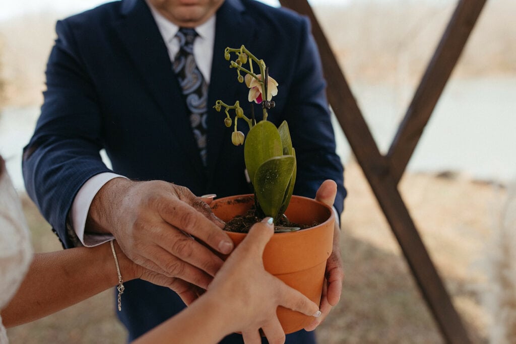 bride and groom pot a plant together during Missouri elopement ceremony