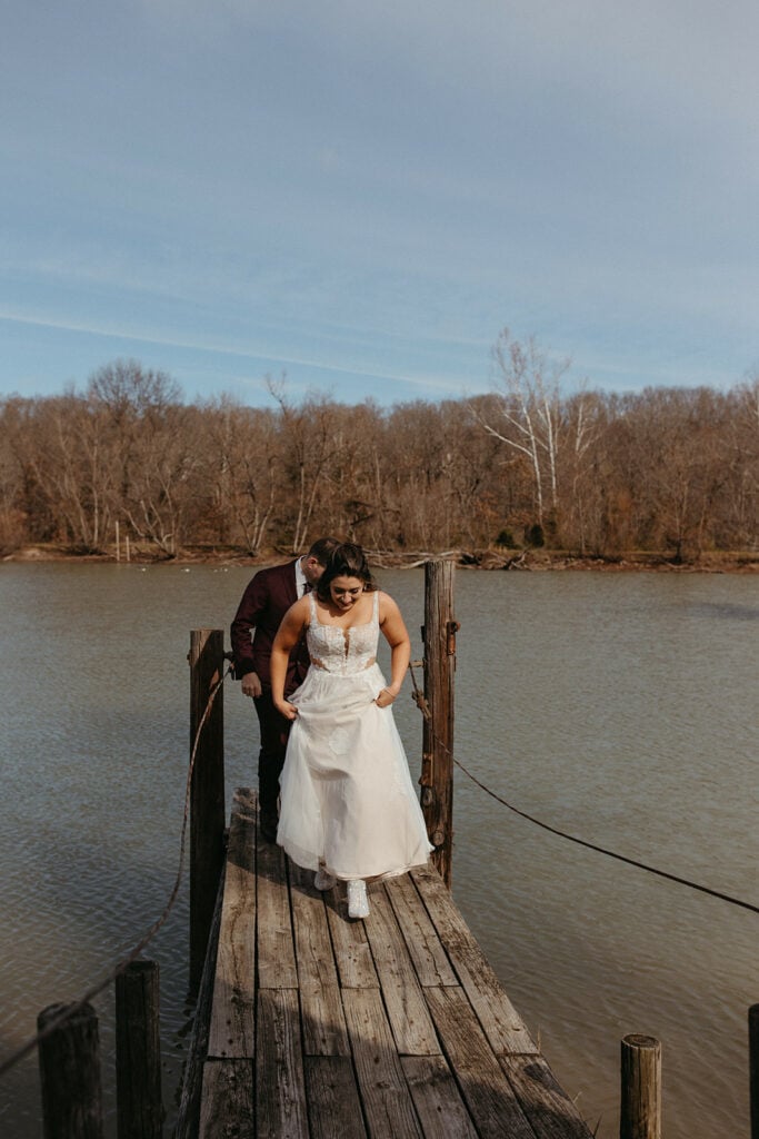 Jessi and Nate's first look on the dock by the pond