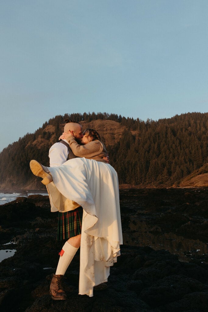 Happy couple enjoying a scenic backdrop, showcasing the versatility to pivot your elopement for an unforgettable experience.