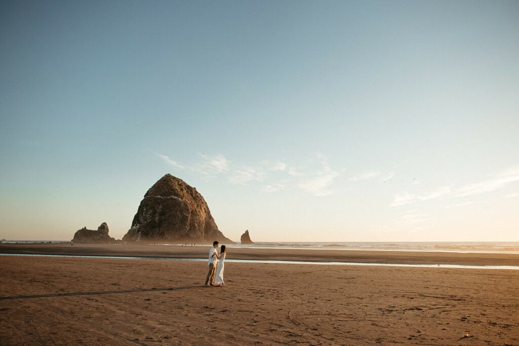 Cannon Beach elopement photos with Haystack Rock in the background