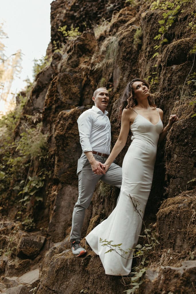Couple hiking trails for their adventure elopement